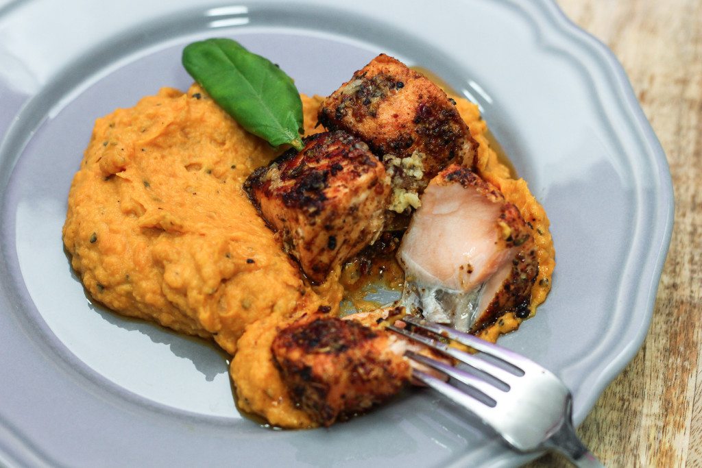 Salmon with Lemon Herb Butter and Garlic Mashed Sweet Potatoes