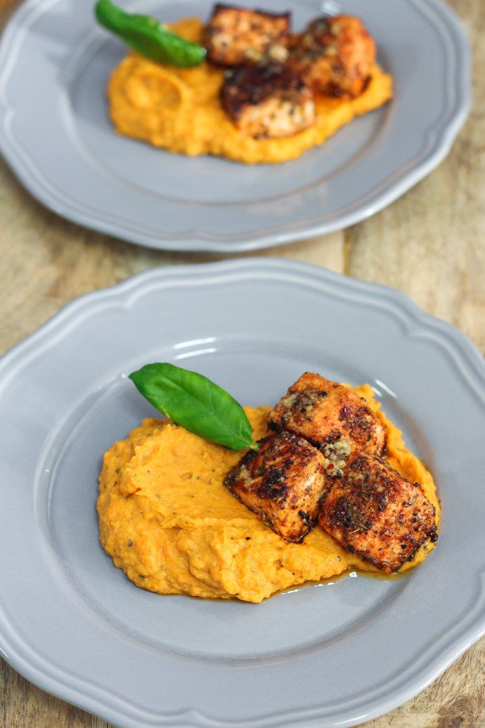 Salmon with Lemon Herb Butter and Garlic Mashed Sweet Potatoes